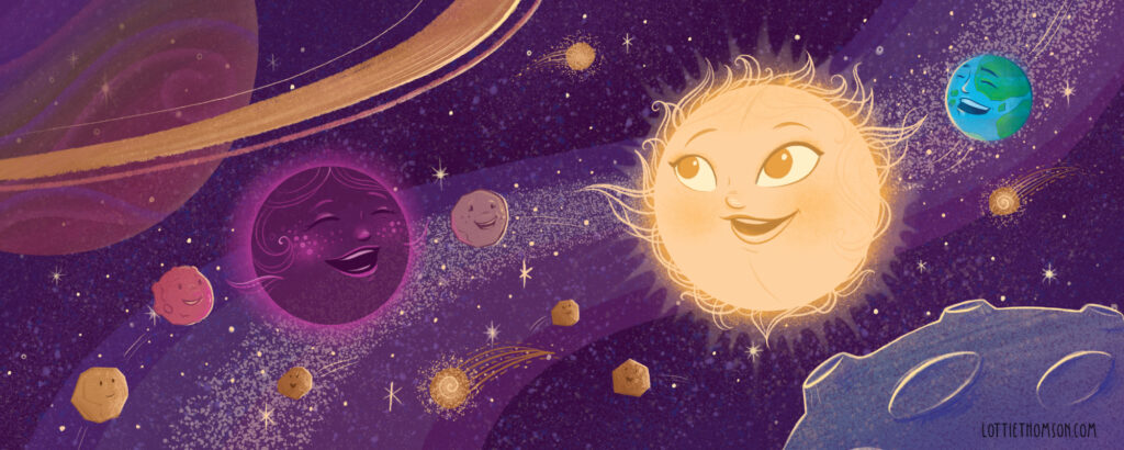 A spread from the picture book The Invisible Dancer by Paula Jones, illustrated by Lottie Thomson. It shows a glowing space scene in shades of purple and the main characters who are planets, stars and objects in space.