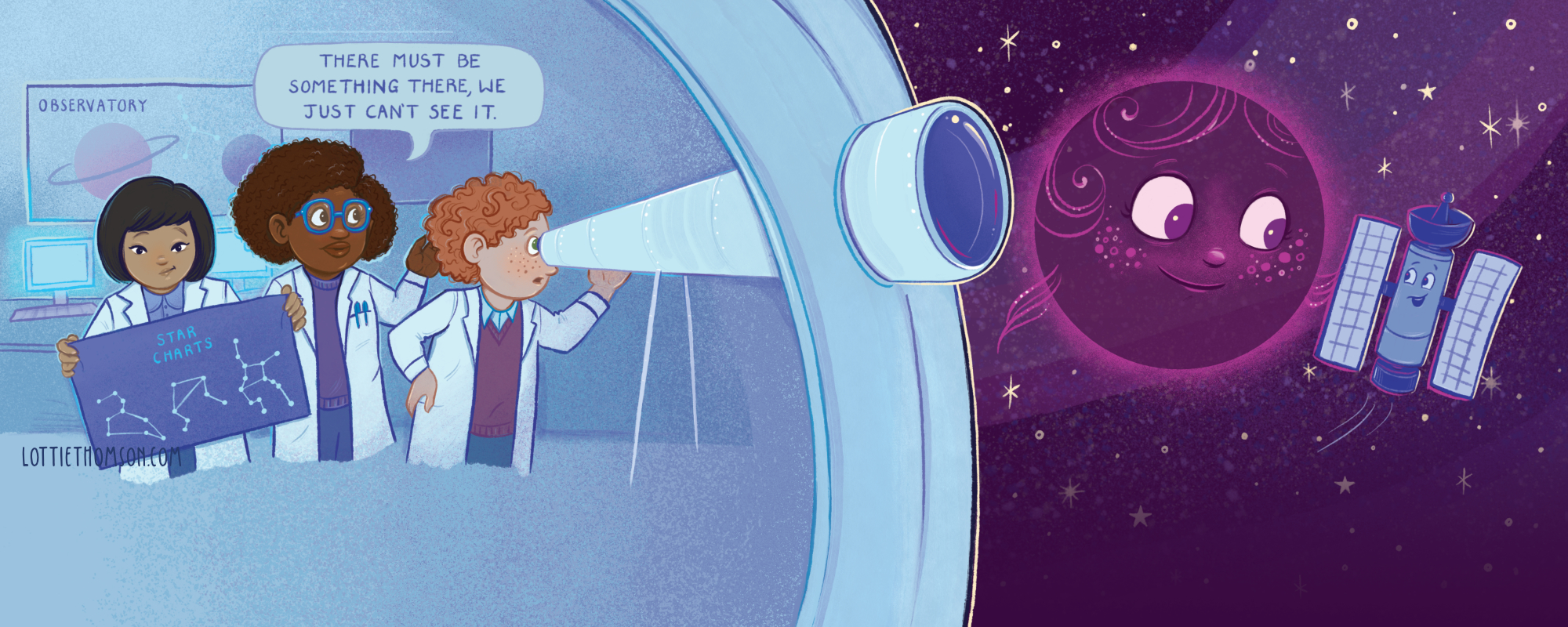 A spread from the picture book The Invisible Dancer by Paula Jones, illustrated by Lottie Thomson. It shows two people inside an observatory trying to see the main character through a telescope but they can't as she's an invisible space phenomena.