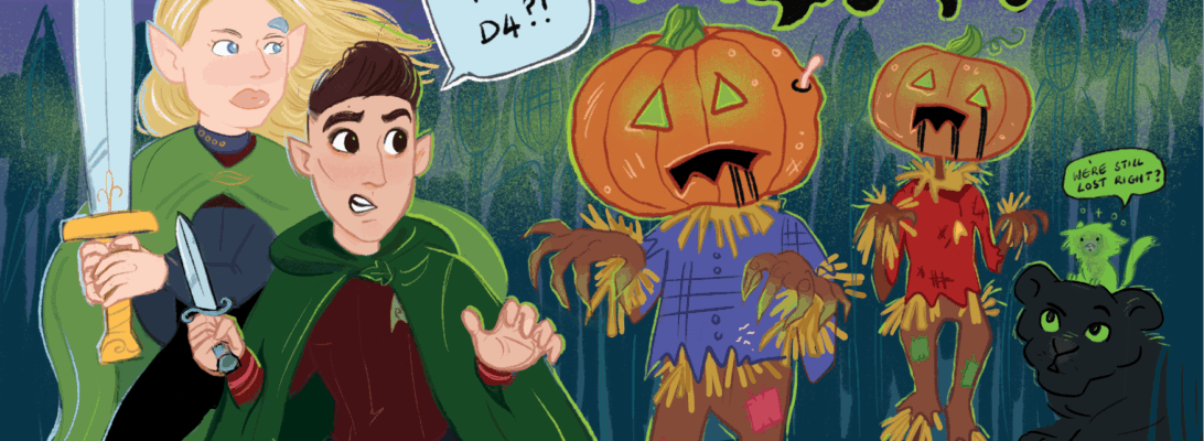 A fan art Star Trek Dungeons and Dragons crossover drawing featuring Melissa Navia and Jeri Ryan fighting evil pumpkin scarecrows.