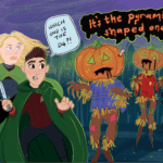 A fan art Star Trek Dungeons and Dragons crossover drawing featuring Melissa Navia and Jeri Ryan fighting evil pumpkin scarecrows.