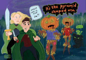 A fan art Star Trek Dungeons and Dragons crossover drawing featuring Melissa Navia and Jeri Ryan fighting evil pumpkin scarecrows.