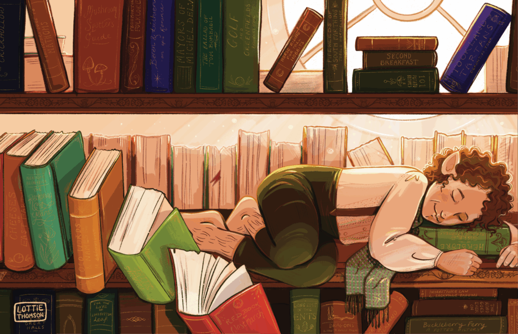 A fan art illustration of Pippin from Lord of the Rings, asleep in the Took's library. He is resting on a shelf and doesn't realise that he is knocking all of the books off.