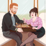 An illustration by Lottie (Charlotte) Thomson for author Lowri Charles for her book 'This is Going to Ruin the Tour'. It depicts the male and female main characters sitting opposite eachother on a tour bus playing chess and flirty. He is a tall and plus sized white man with red hair and a beard wearing a leather jacket and jeans. She is a dark haired. plus sized white woman with green eyes wearing smart, business-like clothing and heels. They are playing footsie under the table.