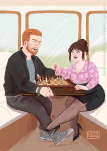 An illustration by Lottie (Charlotte) Thomson for author Lowri Charles for her book 'This is Going to Ruin the Tour'. It depicts the male and female main characters sitting opposite eachother on a tour bus playing chess and flirty. He is a tall and plus sized white man with red hair and a beard wearing a leather jacket and jeans. She is a dark haired. plus sized white woman with green eyes wearing smart, business-like clothing and heels. They are playing footsie under the table.