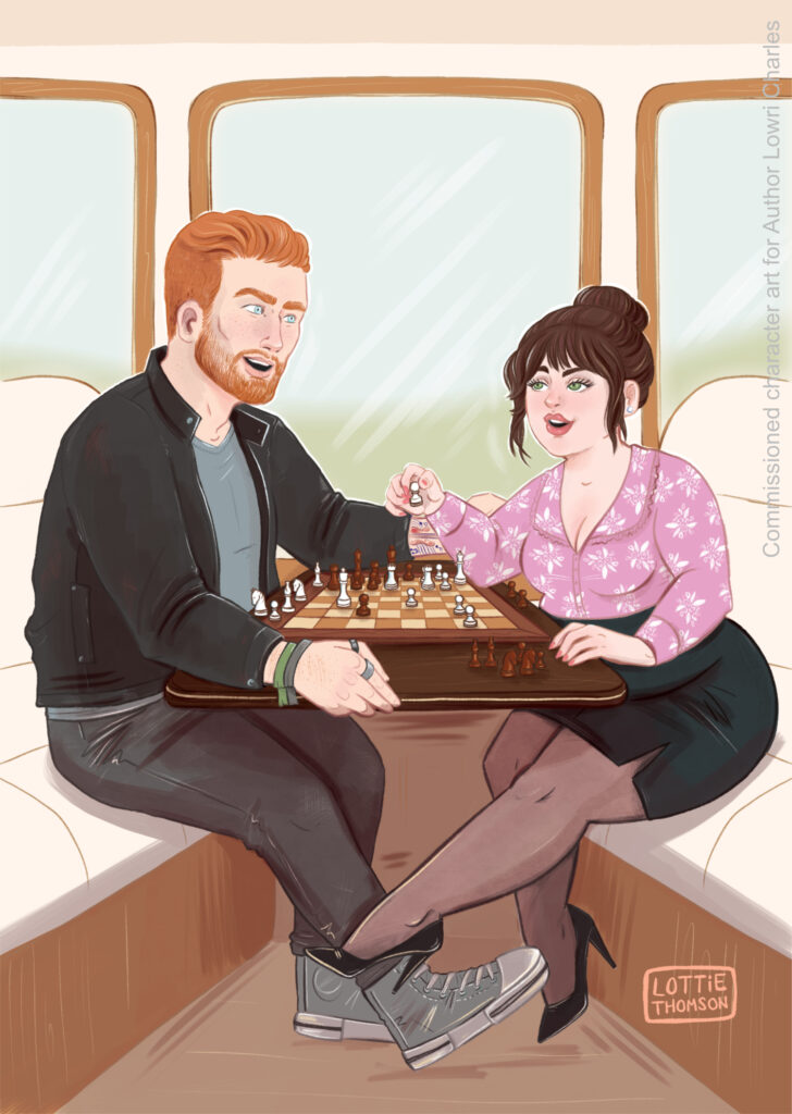 An illustration by Lottie (Charlotte) Thomson for author Lowri Charles for her book 'This is Going to Ruin the Tour'. It depicts the male and female main characters sitting opposite eachother on a tour bus playing chess and flirty. He is a tall and plus sized white man with red hair and a beard wearing a leather jacket and jeans. She is a dark haired. plus sized white woman with green eyes wearing smart, business-like clothing and heels. They are playing footsie under the table.