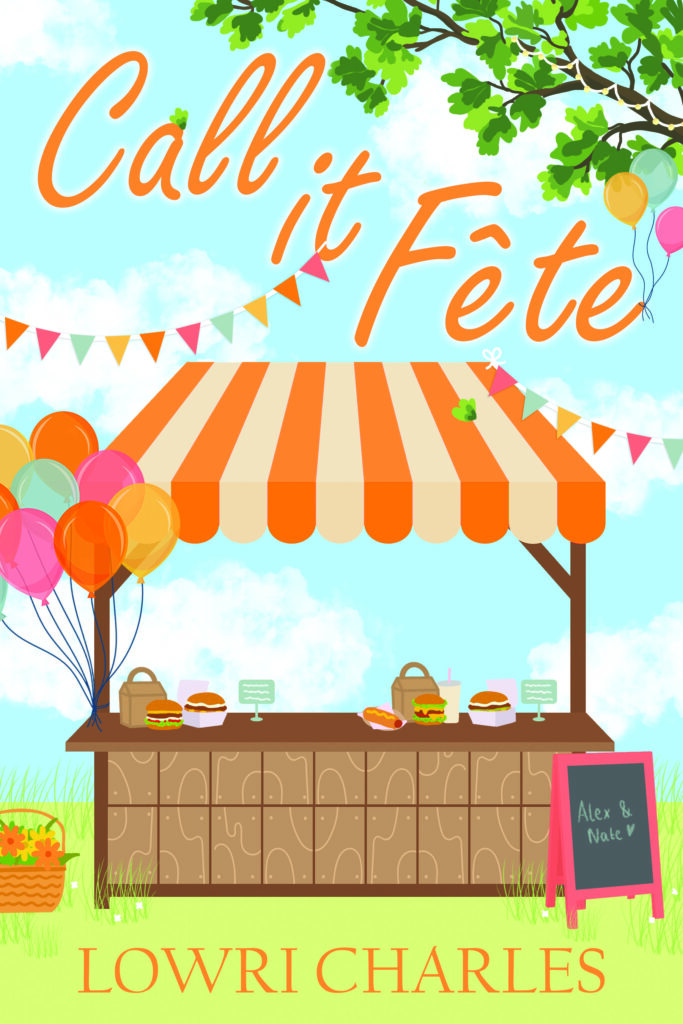 The cover to Lowri Charles book Call it Fete. An illustrated scene of a fair ground stall in a field against a blue cloudy background.
