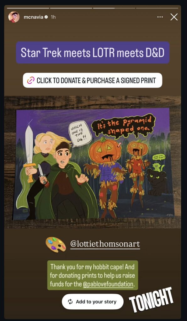 A mobile phone screenshot showing an instagram story by Melissa Navia showing the art print and where to buy it on the night of the live stream - it says 'Thank you for my hobbit cape and for donating prints to help us raise funds for @pablovefoundation'