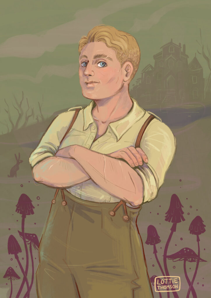 A fan art illustration of the character Alex Easton from 'What Moves the Dead'. Alex is a Non-binary former soldier. They are white and stocky in build with short cropped sandy coloured hair. They wear khaki trousers with braces over a cream coloured shirt. The background is a sickly green colour showing the house of Usher and deep red coloured mushrooms from the story.