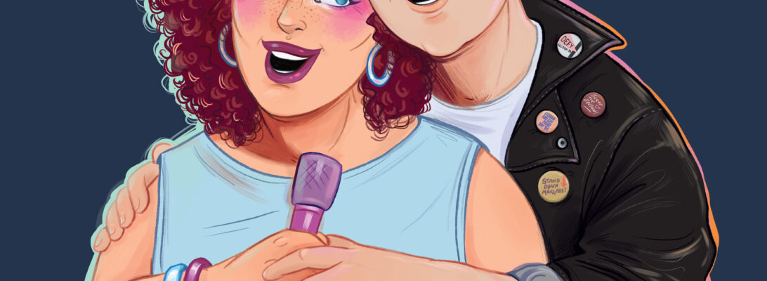 A lesbian couple are singing into a purple karaoke microphone - The woman on the left has a messy 80's perm with her hair dyed in a dark red shade, a blue cut-off tshirt and bright coloured pink and blue eye make up and blush, her lipstic matches her hair. She has large blue hoop earrings and plastic bangles in blue and orange on her wrist. The women on the right has short cropped bleach-blonde hair, minimal make up and wears a black leather jacket with rolled up sleeves and pin badges (I'll reference real badges from the Notts queer archive when I draw them in more detail and will run them past you in advance) and a white tshirt underneath. She has a ring on her pinky of the hand holding the microphone. They are lit from behind with a halo of pinky-orange and blue light giving the impression of a neon-lit enviornment.