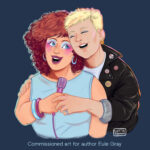 A lesbian couple are singing into a purple karaoke microphone - The woman on the left has a messy 80's perm with her hair dyed in a dark red shade, a blue cut-off tshirt and bright coloured pink and blue eye make up and blush, her lipstic matches her hair. She has large blue hoop earrings and plastic bangles in blue and orange on her wrist. The women on the right has short cropped bleach-blonde hair, minimal make up and wears a black leather jacket with rolled up sleeves and pin badges (I'll reference real badges from the Notts queer archive when I draw them in more detail and will run them past you in advance) and a white tshirt underneath. She has a ring on her pinky of the hand holding the microphone. They are lit from behind with a halo of pinky-orange and blue light giving the impression of a neon-lit enviornment.