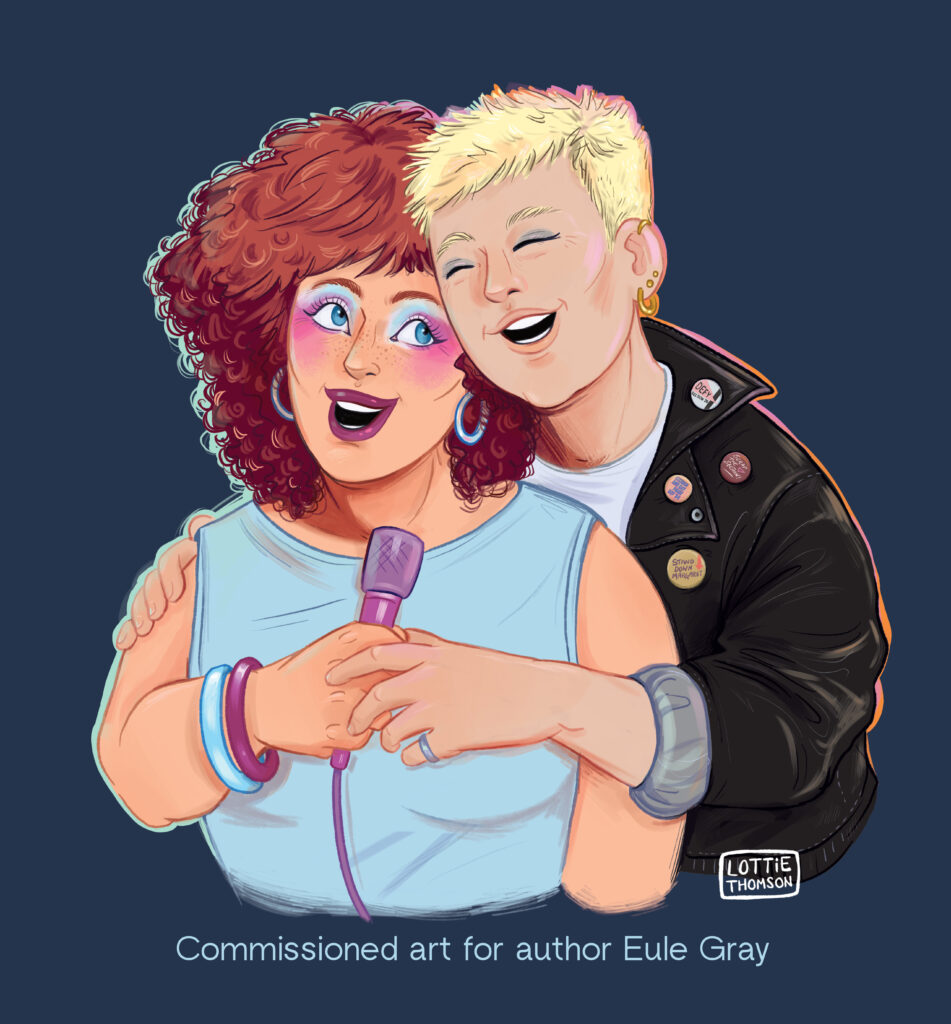 A lesbian couple are singing into a purple karaoke microphone - The woman on the left has a messy 80's perm with her hair dyed in a dark red shade, a blue cut-off tshirt and bright coloured pink and blue eye make up and blush, her lipstic matches her hair. She has large blue hoop earrings and plastic bangles in blue and orange on her wrist. The women on the right has short cropped bleach-blonde hair, minimal make up and wears a black leather jacket with rolled up sleeves and pin badges (I'll reference real badges from the Notts queer archive when I draw them in more detail and will run them past you in advance) and a white tshirt underneath. She has a ring on her pinky of the hand holding the microphone. They are lit from behind with a halo of pinky-orange and blue light giving the impression of a neon-lit enviornment.