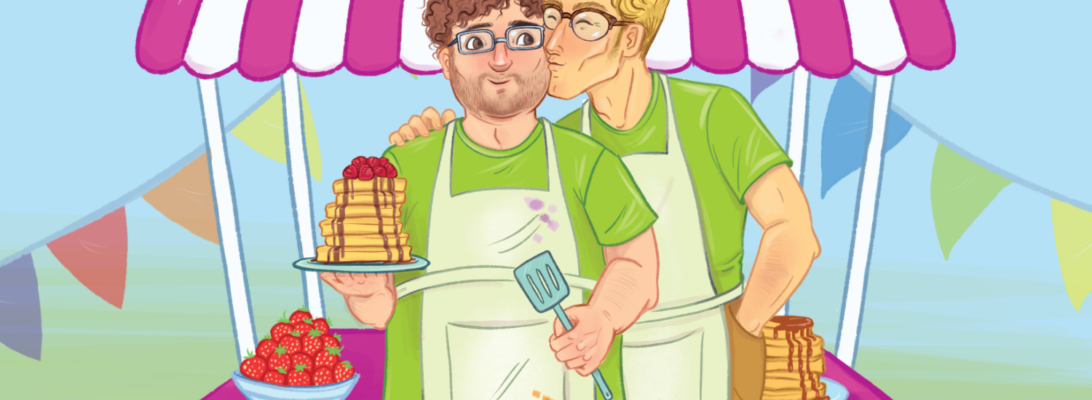 A brightly coloured book cover illustration and design for author Lowri Charles for her book 'Call it Fete' - A male gay couple stand infront of a summer fete stall selling pancakes.