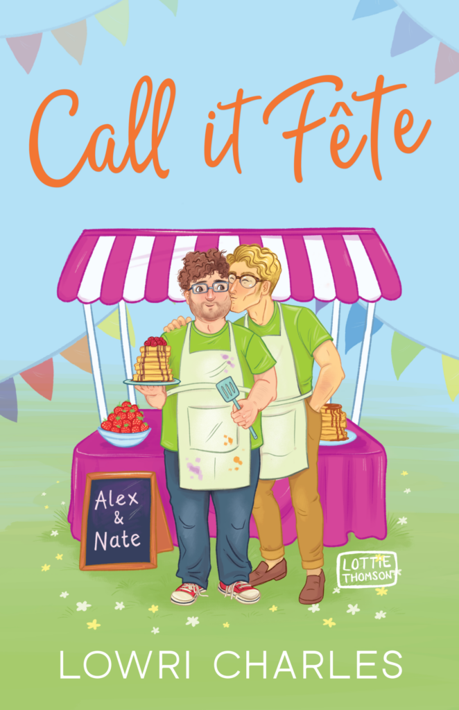 A brightly coloured book cover illustration and design for author Lowri Charles for her book 'Call it Fete' - A male gay couple stand infront of a summer fete stall selling pancakes.