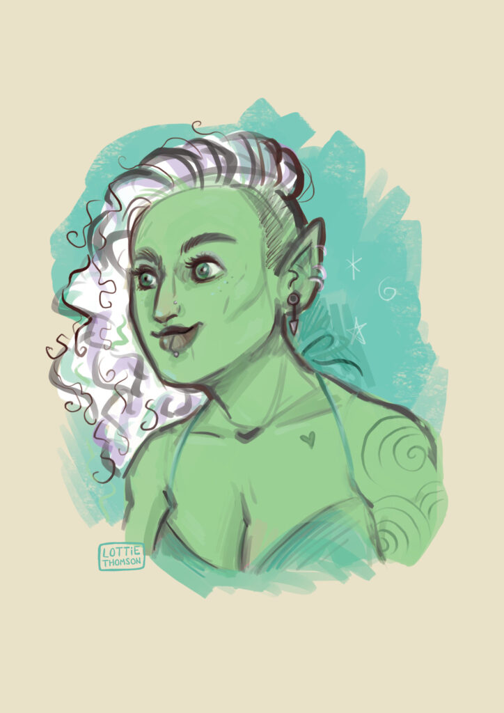 A sketchy style head and shoulders illustration of a green skinned orc woman with white asymmetric hair, she is smiling.