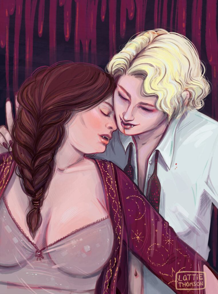 An illustration of two white female vampires embracing, one is plus sized and busty and wears a luxurious wine red robe and a sheer nightgown, she has long brown hair in a plait over one shoulder. The other looms behind her, she is slim with wavy blond hair in a bob, she wears an unbuttoned white shirt and untied bowtie. 