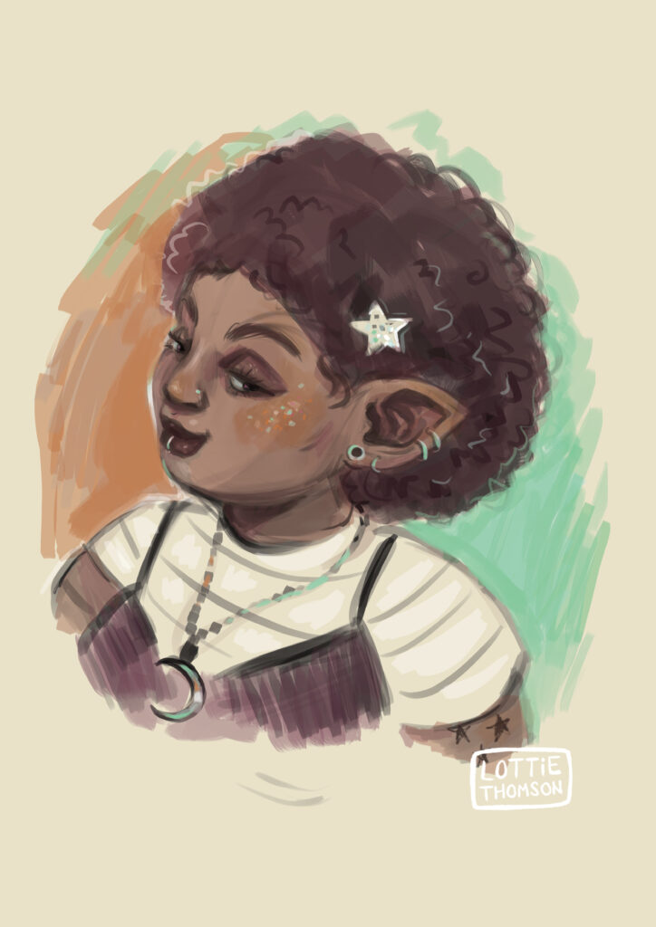 A sketchy style head and shoulders illustration of a fat tattooed black elf woman with pierced ears and a striped tshirt under a dress, she has a star hair clip in her afro and glitter on her face and is smiling.