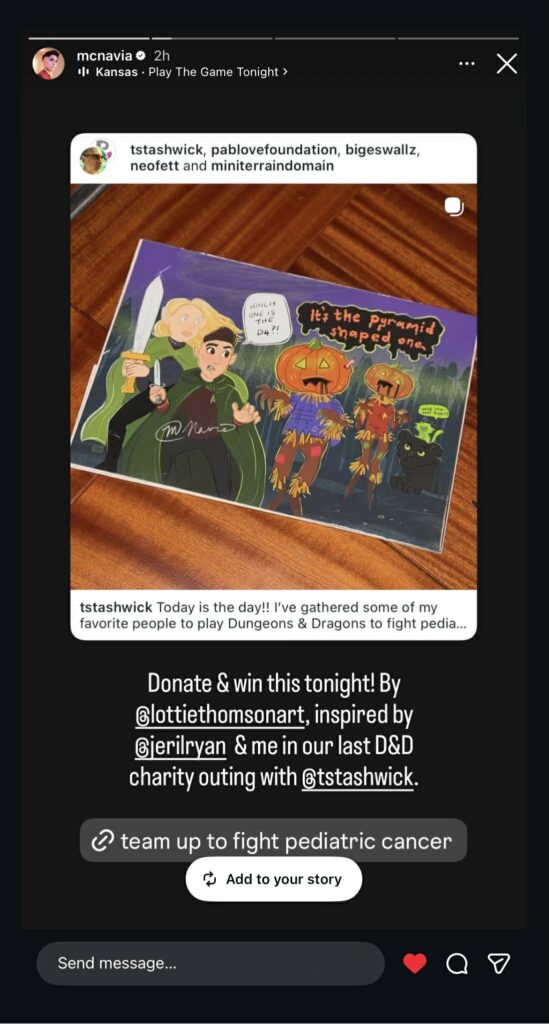 A mobile phone screenshot showing an instagram story by Melissa Navia showing the art print and where to buy it on the night of the live stream