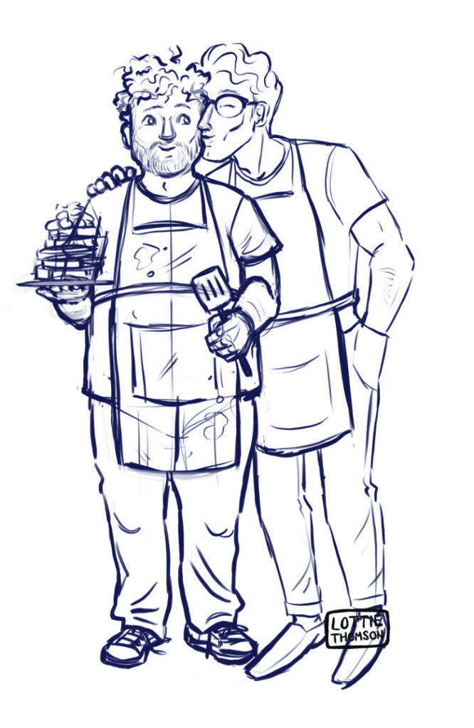 A black and white sketch of Alex and Nate from the cover art for Call it Fete