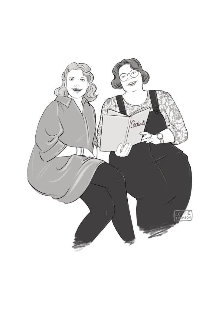 A black and white portrait of sisters sitting reading a cocktail menu