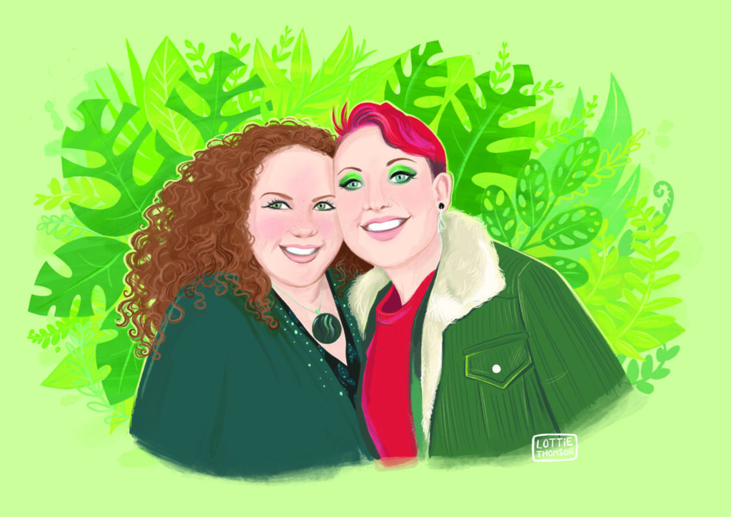 A portrait for two friends against a leafy background