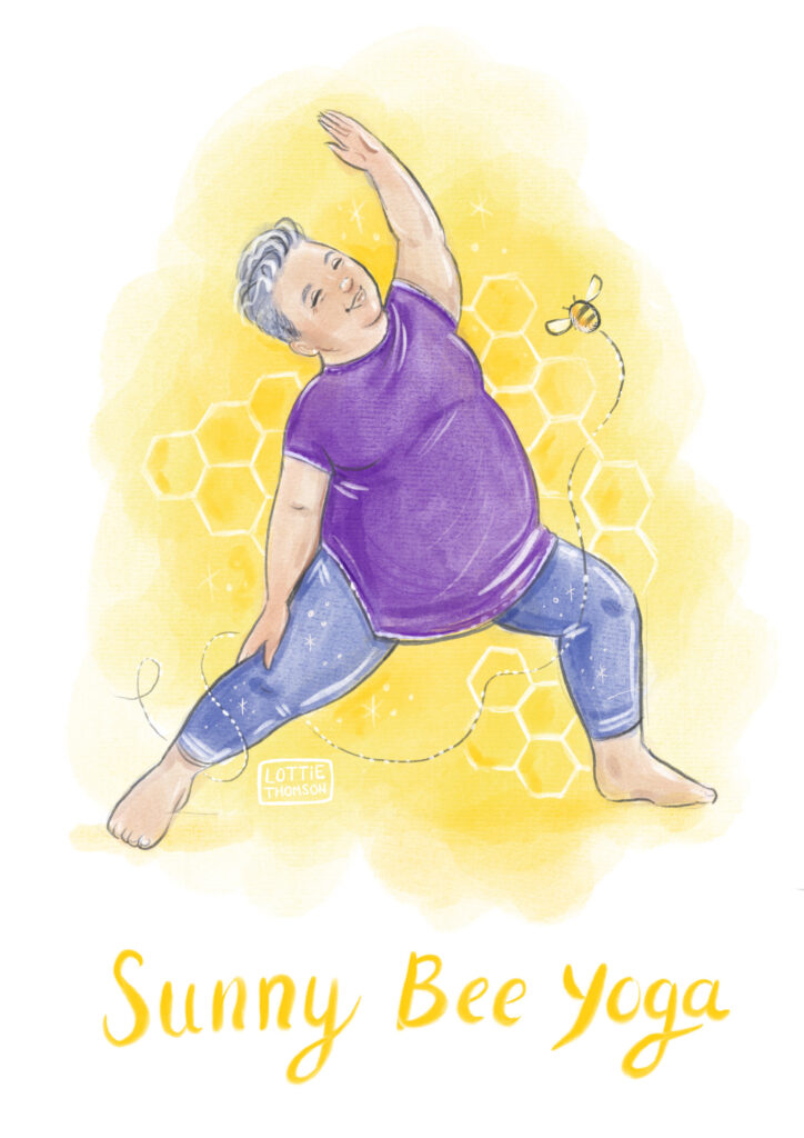 A portrait of yoga teacher Sunny Bee Yoga against a yellow honeycomb background