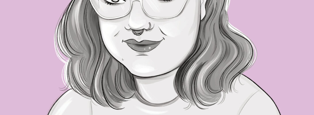 An author portrait of Tilly Lebeck in black and white on a purple background.