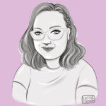 An author portrait of Tilly Lebeck in black and white on a purple background.