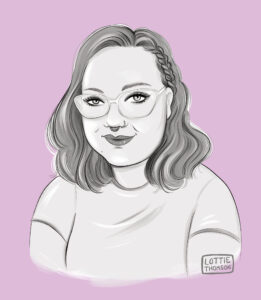 An author portrait of Tilly Lebeck in black and white on a purple background.
