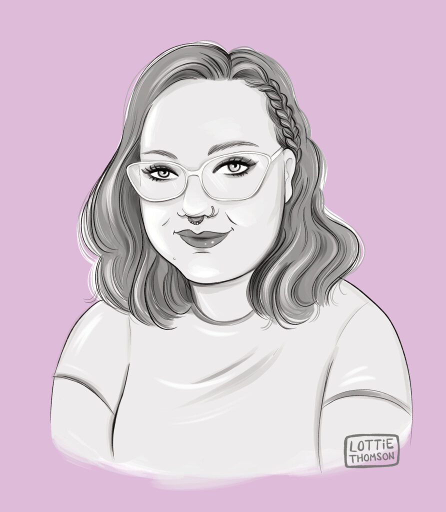 An author portrait of Tilly Lebeck in black and white on a purple background.
