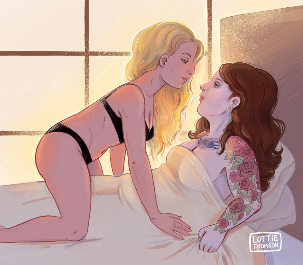 An illustration for author Tilly Lebeck of two women in bed, one is laying down and the other is sitting above her looking into her eyes.