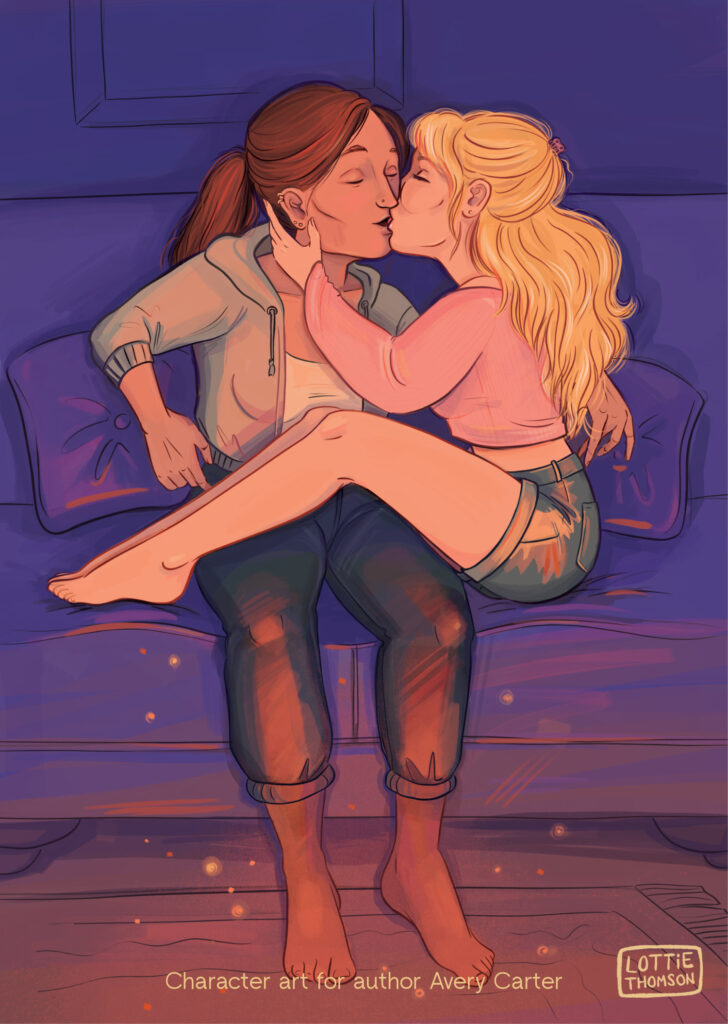 An illustration of author Avery Carter of her two main characters sitting on a couch by firelight kissing. Sydney is tall and muscular with brown hair in a ponytail, the other woman Emma is petite with long blonde hair.