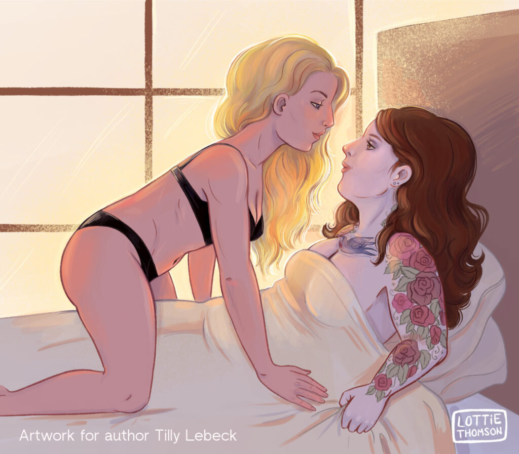Artwork for Tilly Lebeck for her novel Frankie and the Fed. A plus sized white woman with long brown hair and lots of tattoos lays on a bed, a toned white women with long blond hair is sitting over her.