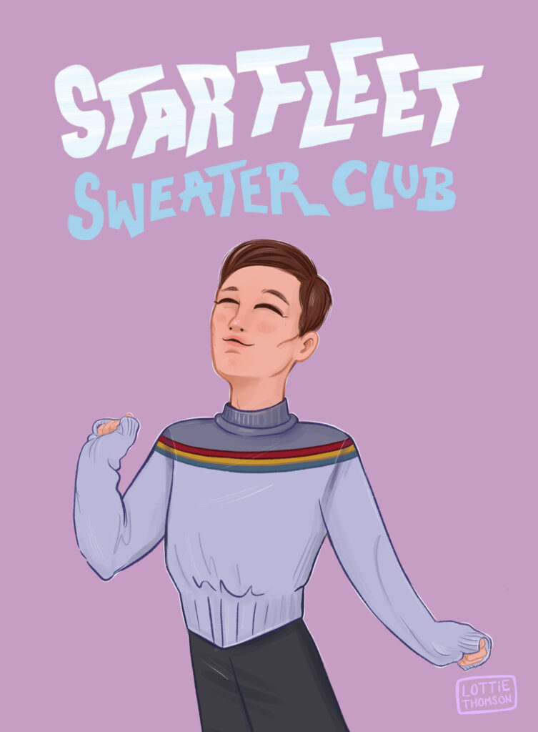 Wesley Crusher from Star Trek TNG wearing his iconic rainbow stripe sweater - he looks full of joy! Above his head is the phrase 'Starfleet sweater club'